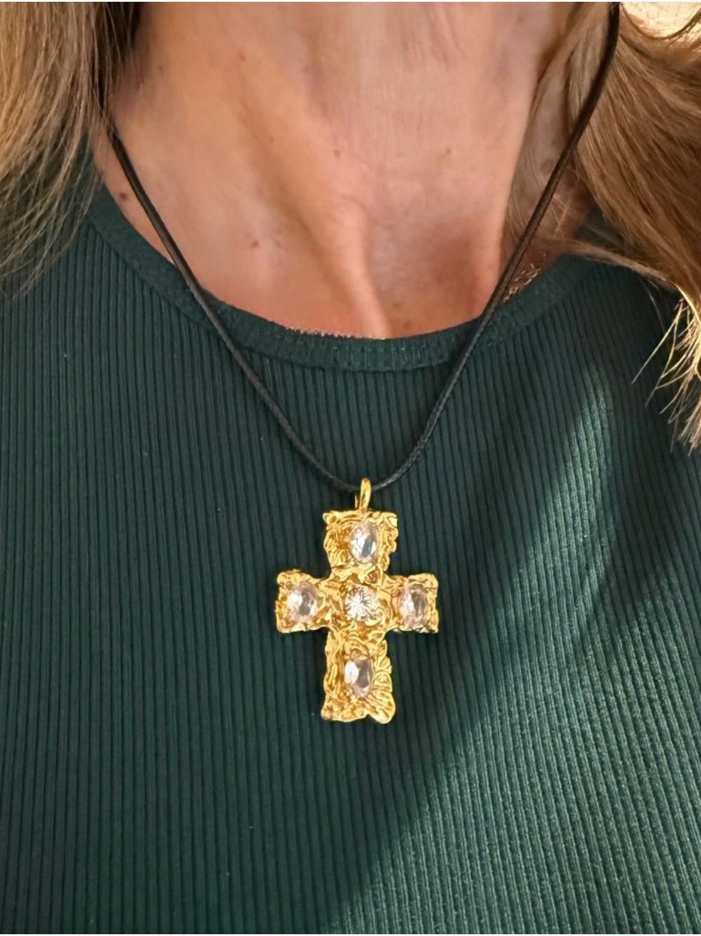 Gold Cross Pendant Necklace with Clear Stones on black string